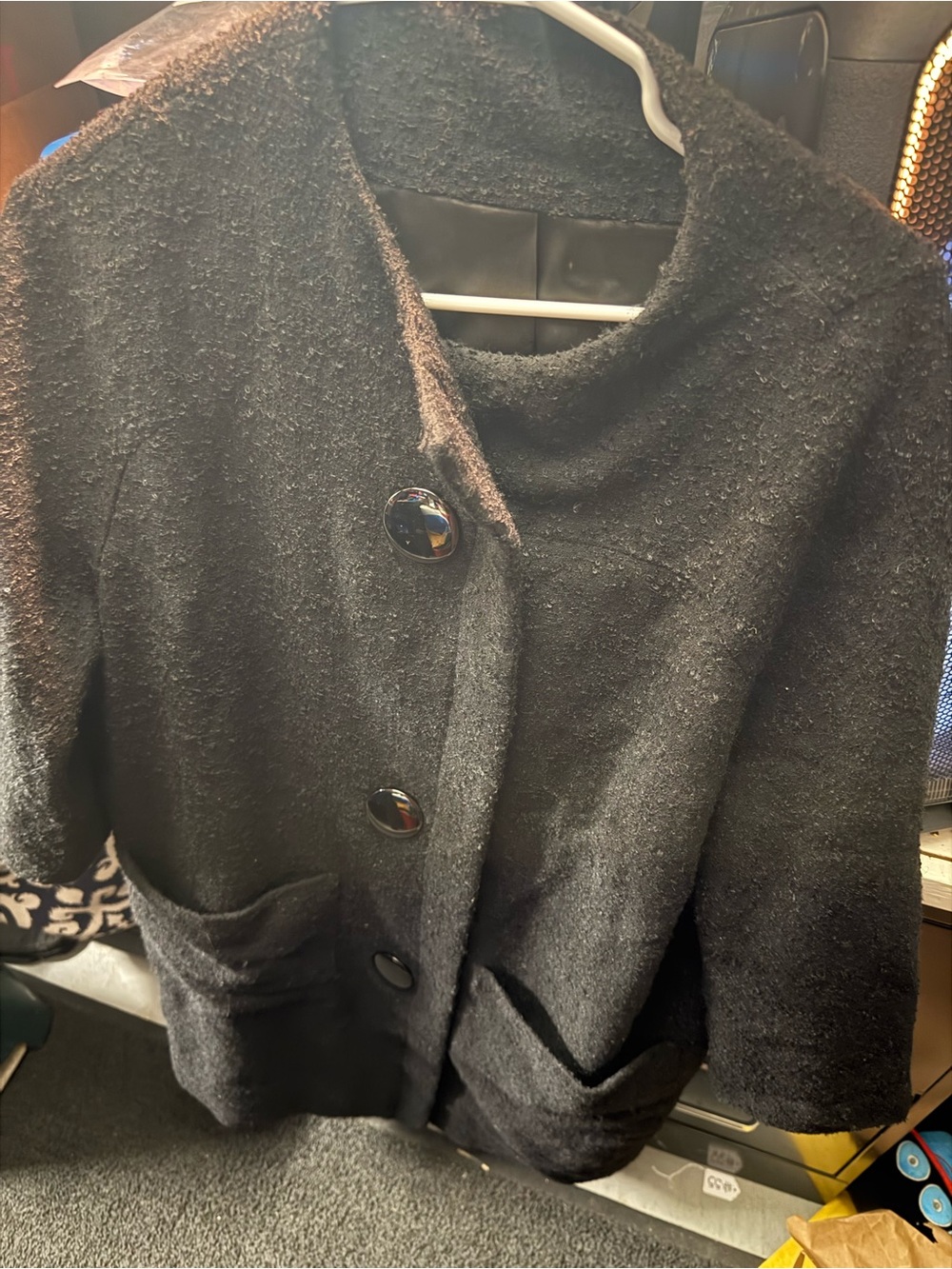Vintage Max Mara Women's Wool Black Bouclé Button-Front Coat